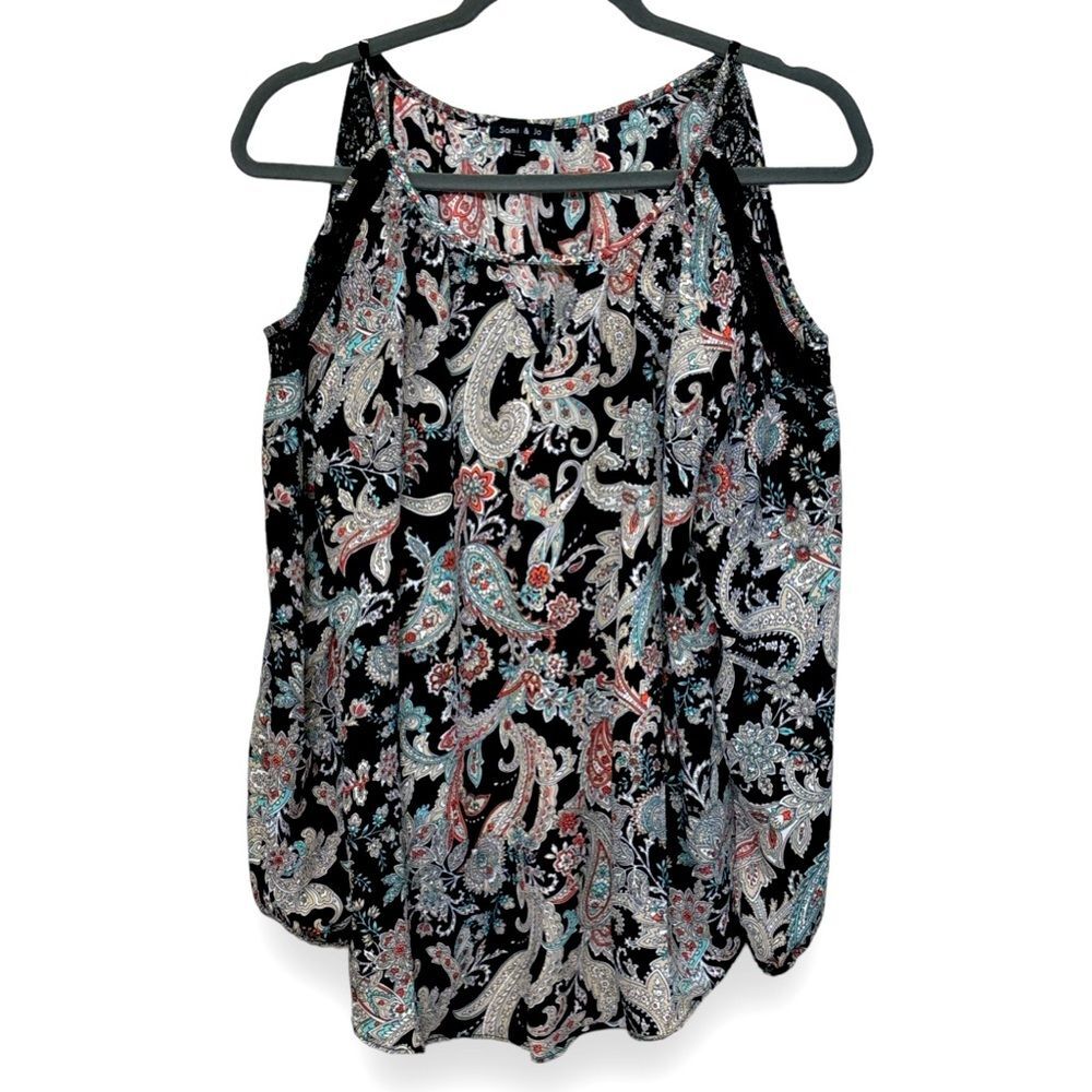 Sam & Jo Cold Shoulder Knit Lace Cut Out Key Hole Paisley Floral Blouse L